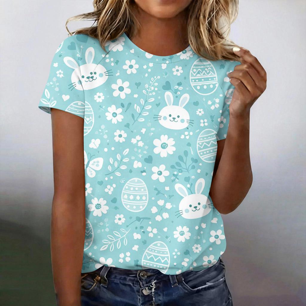 Women's Fashionable Casual Short-Sleeved Raglan Sleeve Easter Print T-Shirt Top