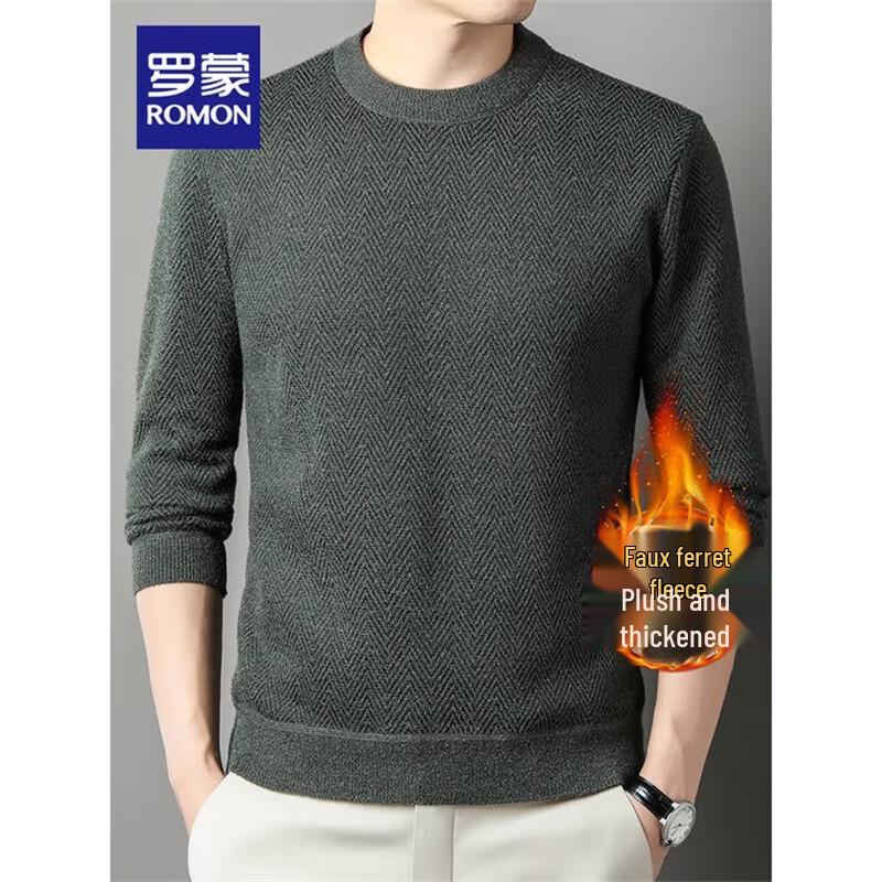 ROMON Men's Warm Fleece-Lined Round Neck Knit Sweater