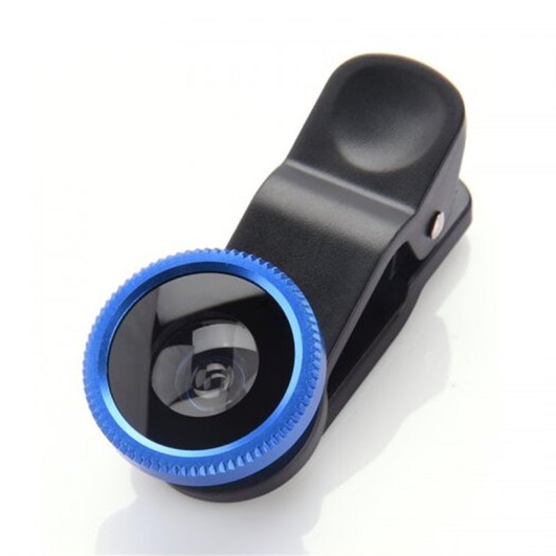 Kit d'objectif de caméra de téléphone portable 3 en 1, oeil de poisson, Super grand Angle avec Clip universel noir bleu