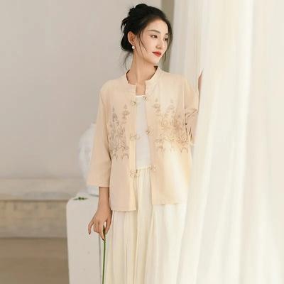 Women Embroidery Floral Vintage Shirts Stand Nine Sleeve Solid Color Button Tops Chinese Style Spring Blouses