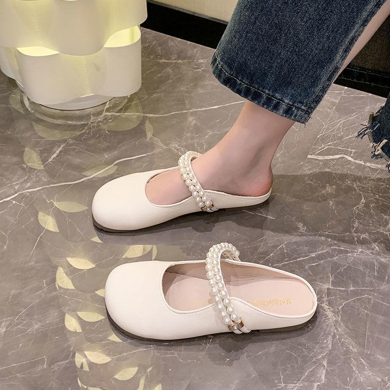 French Small Sandals Women's Summer Wear Muller Flat-bottomed Bag Head Mary Jane Half Slippers Small Fragrant Single Shoes Beach Slippers