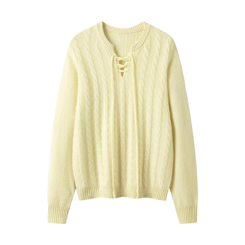 Lekasha Women's Cashmere Cable Knit Base Layer - Autumn/Winter, Seven-Gauge, Lace-Up, Loose Fit, Thick Round Neck.