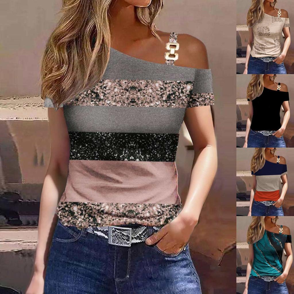 Damen Lässig Sommer Kurzarm Ein Schulter Druck Mode Tops T-Shirts Tee
