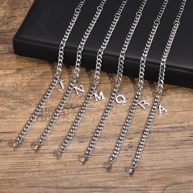 Mens Initials Cuban Links Bracelets,Stainless Steel A-Z 26 Letters Alphabet Charm Chain Wristband Adjustable,Casual Jewelry Gift