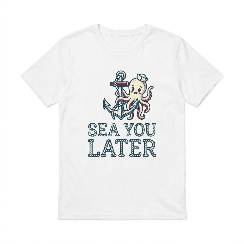 Sea You Later Octopus T-Shirt Funny Sailor Nautical Anchor Beach Pun Graphic Tee S