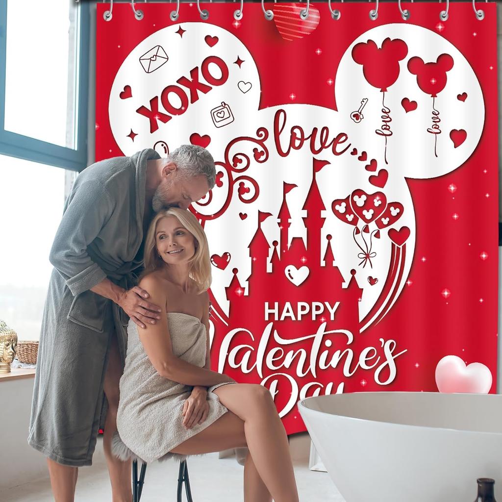 Valentines Day Shower Curtain,Valentine Decor Red Mouse Valentine Shower Curtain Waterproof Cartoon Love Fabric Valentines Bathroom Curtain with