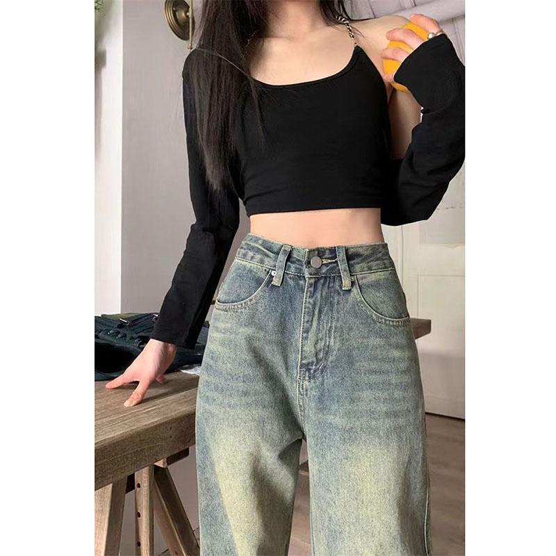Calças Jeans Retas Largas Vintage Femininas Y2K Cintura Alta Soltas Perna Larga Jeans Mulher Streetwear Combinação Total Calças Casuais