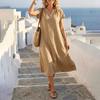 Women V Neck Short Sleeve Loose Fit Casual Dress Lightweight Solid Relaxed Midi Dress for Daily Wear Travel Office
