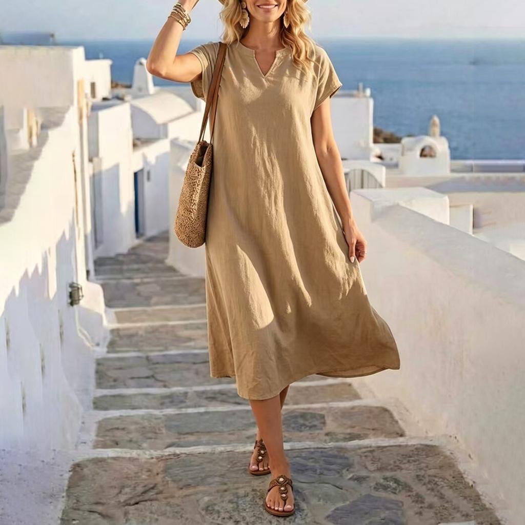 Women V Neck Short Sleeve Loose Fit Casual Dress Lightweight Solid Relaxed Midi Dress for Daily Wear Travel Office