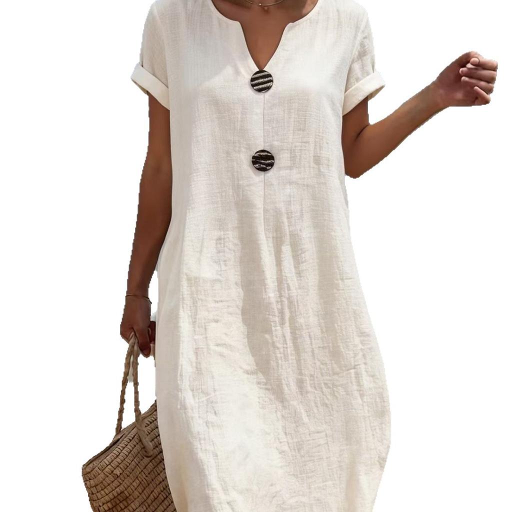 Summer European and American New Seaside Vacation White Women's Casual Solid Color Cotton and Linen Dress Mixed Batch