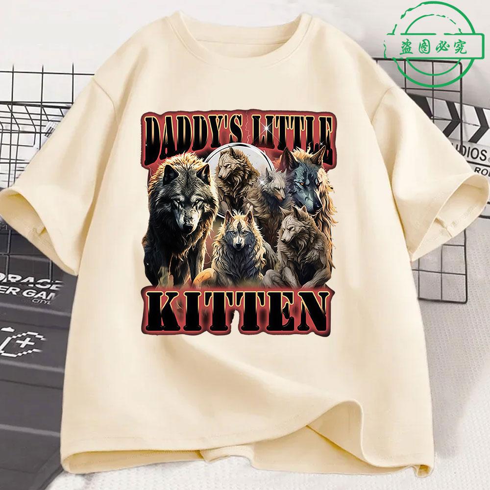 Daddy s Little Kitten Funny Wolf Meme Men s Cotton Shirt Graphic Tshirts Unisex Short Sleeve Streetwear Women Shirt S разноцветный