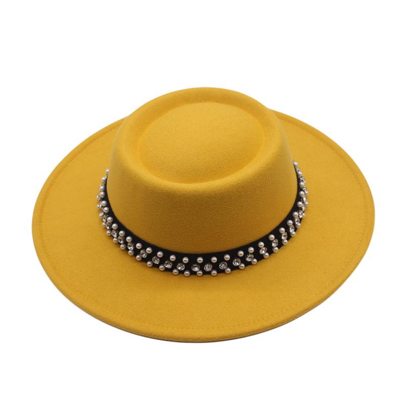 European and American New Autumn and Winter Wool Woolen Big-brimmed Jazz Hat Female Concave Top Black Top Hat Pearl Rhinestone Felt Hat