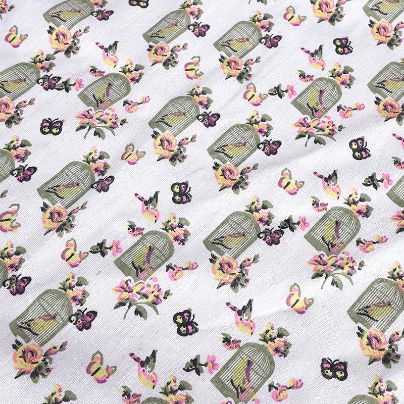 Butterfly and Bird Print Linen Cotton Fabric for Fashion, Clothing Linings, Curtains, Tablecloths, and Throw Pillows.