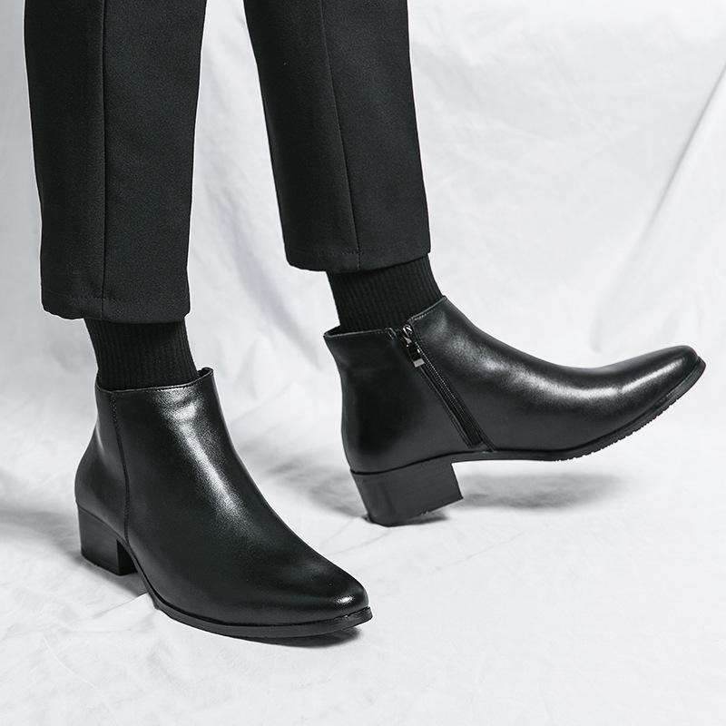 Chelsea boots winter leather velvet thermal leather boots pointed high-top leather shoes short boots Martin boots