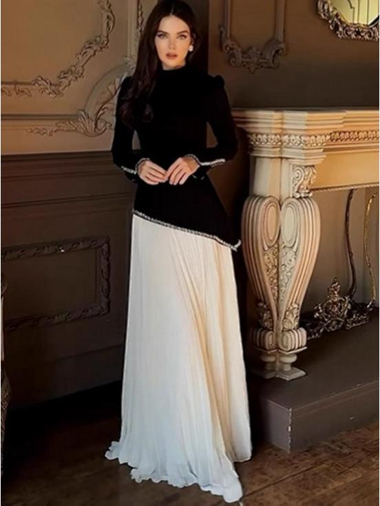 2026 Autumn European & American Solid Color Long Dress with Elegant Hot Drilling - French Two-Piece Set.