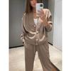 Women's O Neck Long Sleeve Loose Fit Button Front Cardigan Two Piece Outfit Drawstring Waist Straight Pants Autumn Casual Loungewear Pant Set