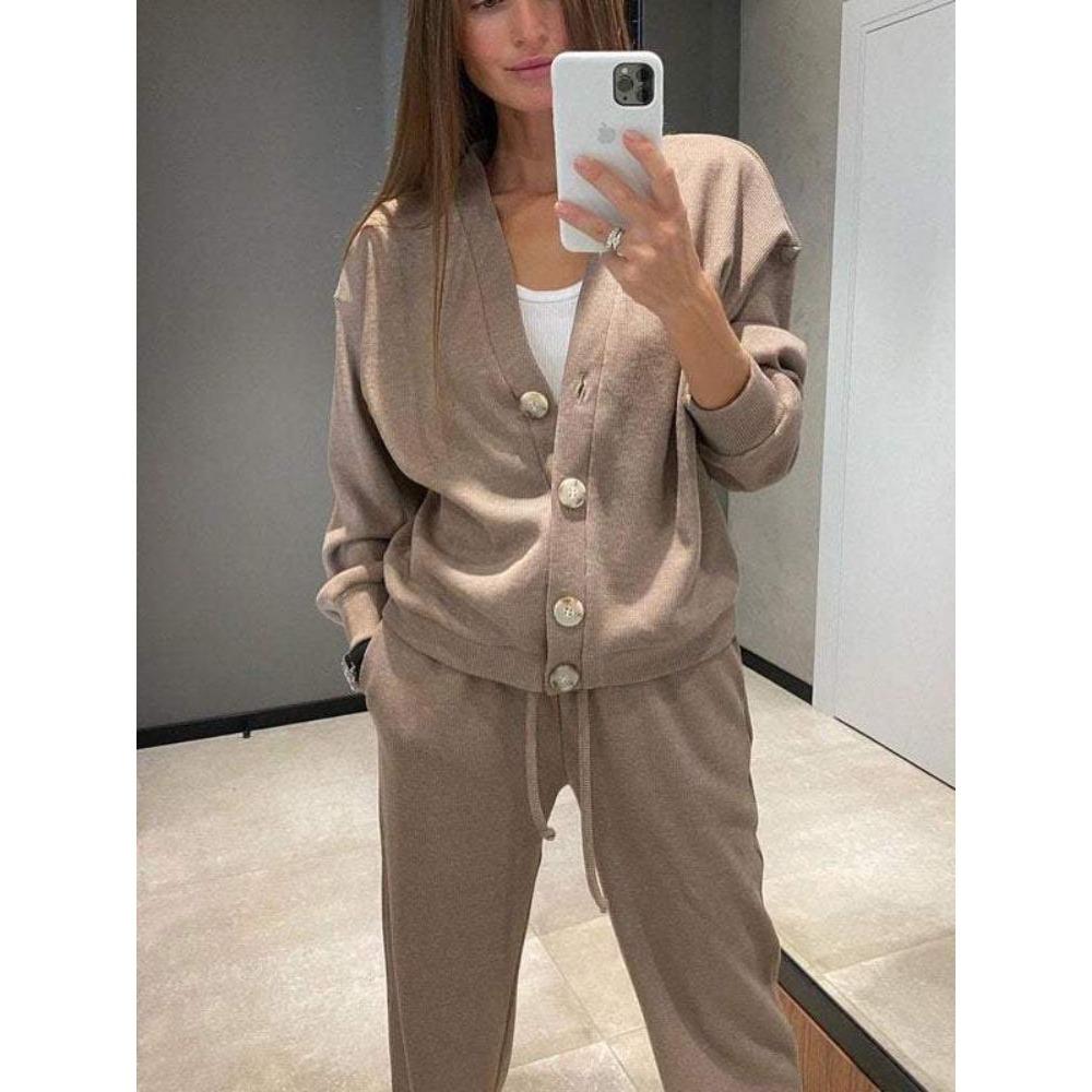 Women's O Neck Long Sleeve Loose Fit Button Front Cardigan Two Piece Outfit Drawstring Waist Straight Pants Autumn Casual Loungewear Pant Set
