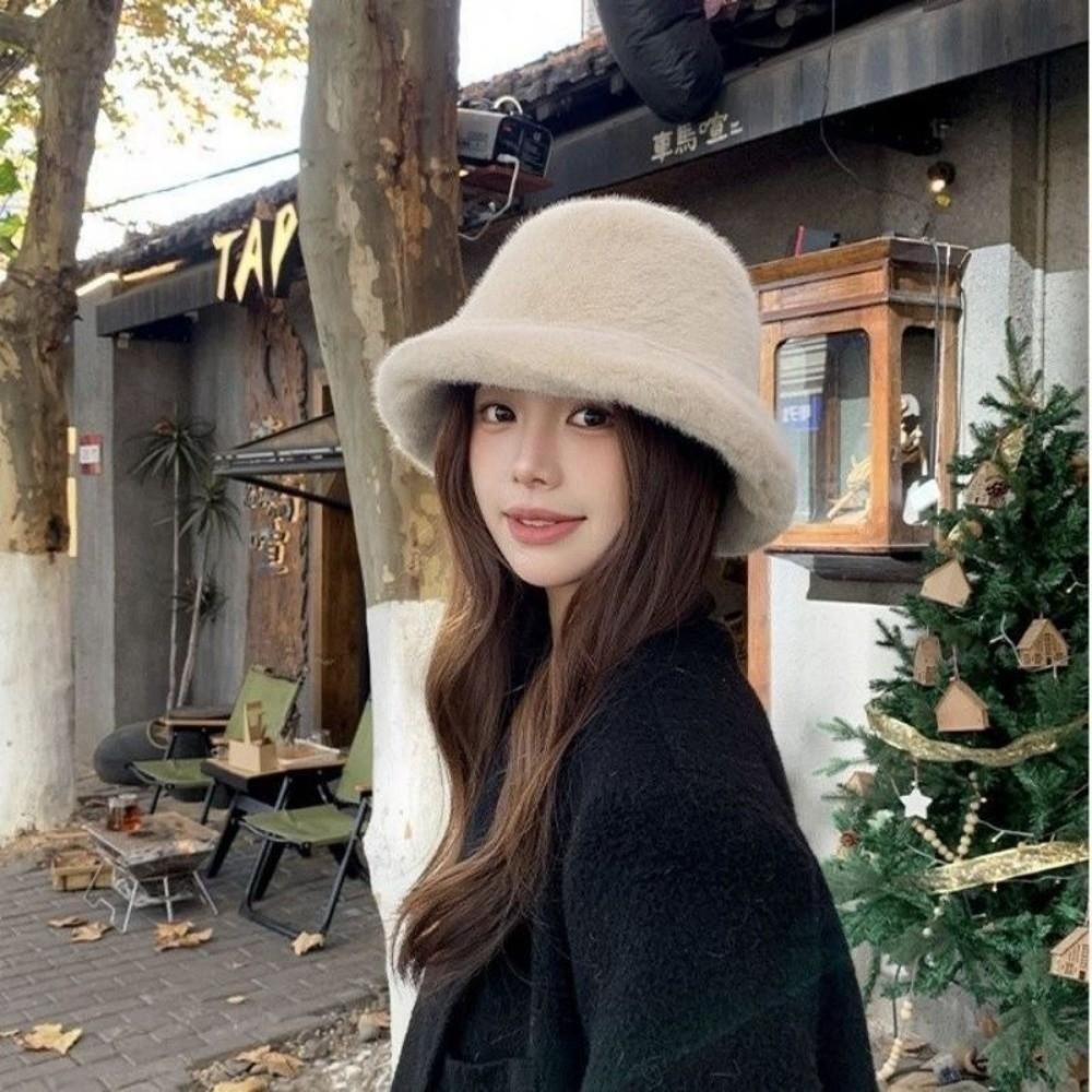Plush Fisherman Hat Fluffy Fur Solid Bucket Hat Fashion Female Panama Cap