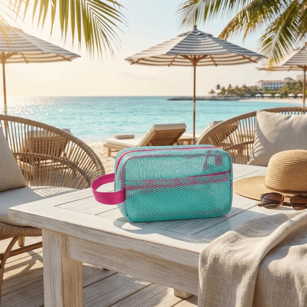 Large Capacity Mesh Cosmetic Bag Zipper Closure Toiletry Bag Dopamine Beach Clutch  Travel