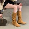 Small Inner Height Increase Belt Buckle Suede Western Cowboy Boots Women's Round Head Cover Boots Inner Height Increase But Knee Boots