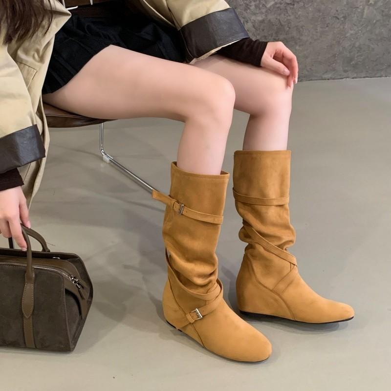 Small Inner Height Increase Belt Buckle Suede Western Cowboy Boots Women's Round Head Cover Boots Inner Height Increase But Knee Boots