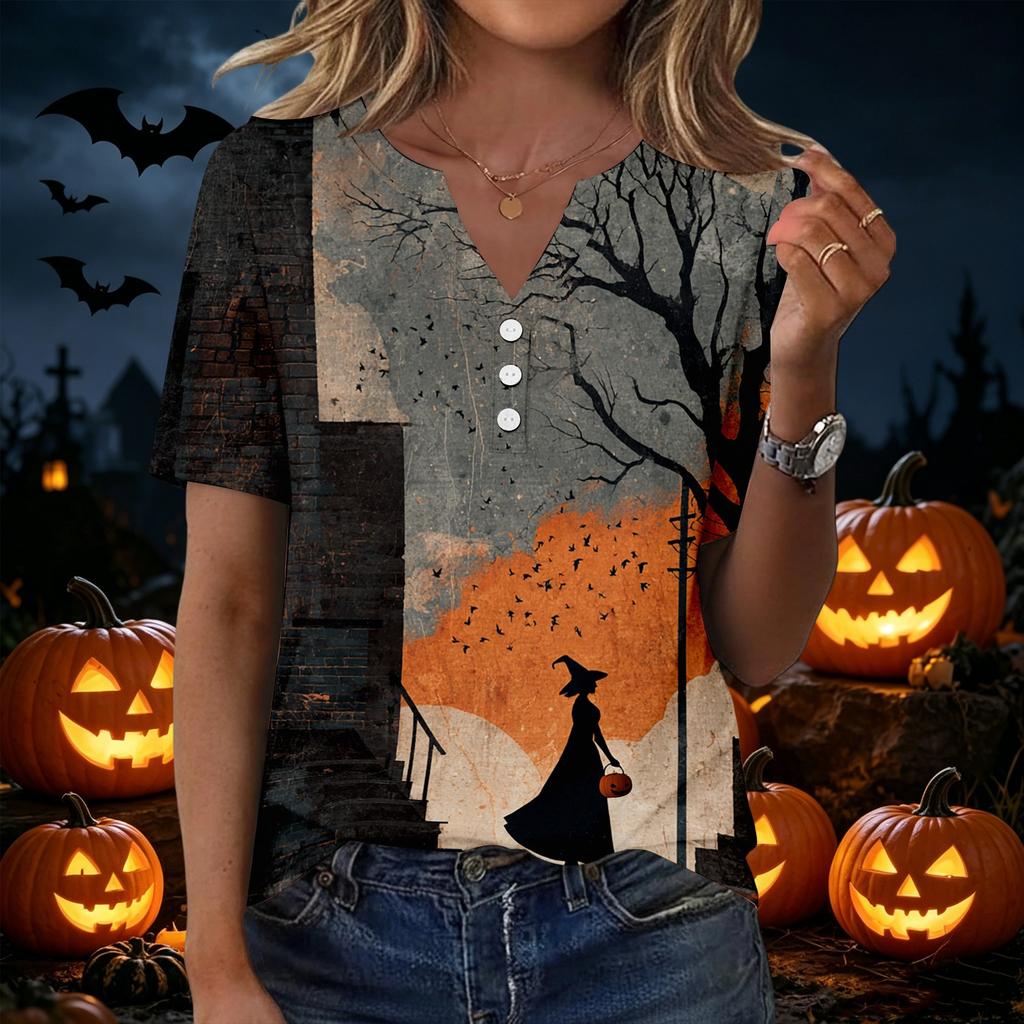 Womens Halloween Print V Neck Short Sleeve Button T Shirt Casual Loose Fit Top with Pumpkin and Bat Design Suitable for Daily Wear