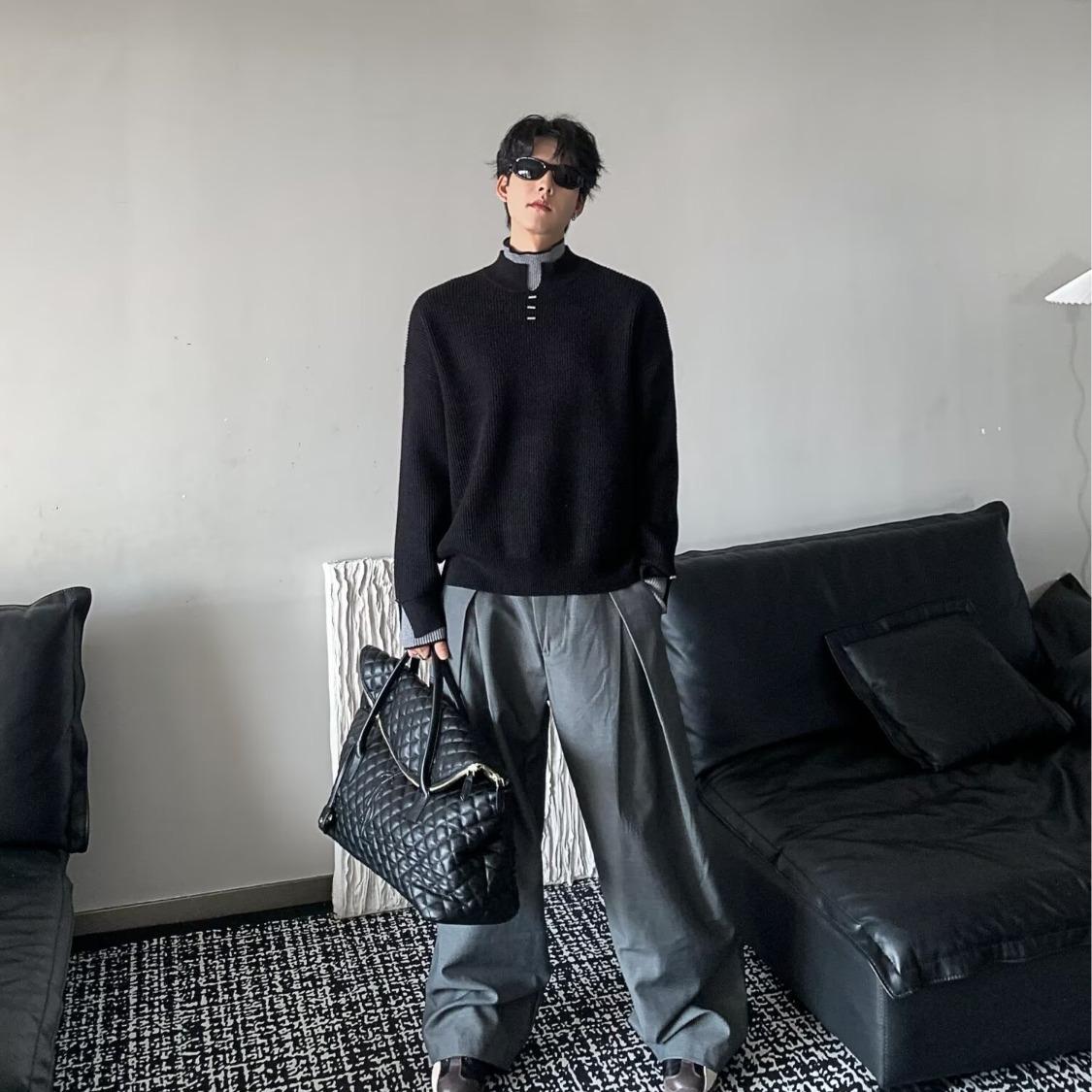 

Niche Fake Two-piece Contrasting Color Double-layer Turtleneck Sweater Men s Autumn Popular Style Simple Casual Knitted Sweater Top M чёрный