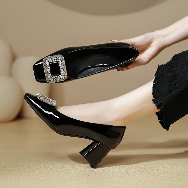 French thick heel light mouth single shoes spring and autumn red wedding shoes rhinestone square buckle nude square head high heels