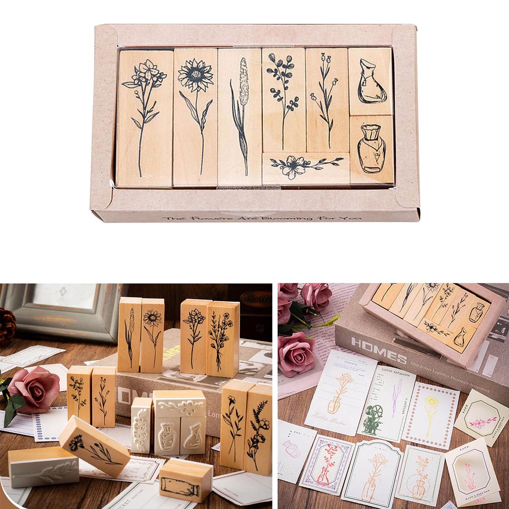 8 Pieces Vintage Decorative Wooden Rubber Stamp Plant Wooden Rubber Stamps for Scrapbooking Dairy Gift Wrap Card Making