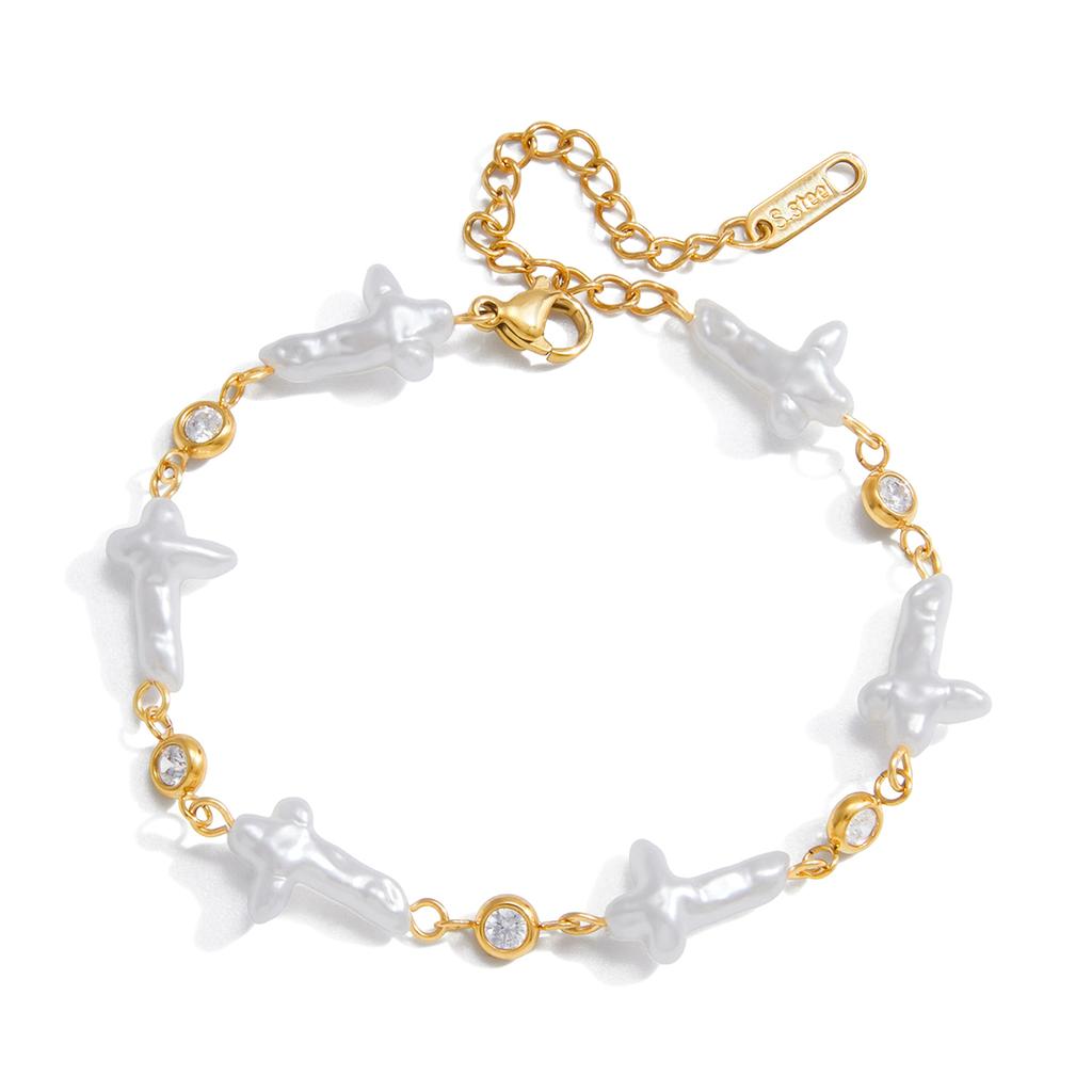 J&D 18K Gold Plate Stainless Steel Bracelet Classic Cross Acrylic Pearl White Cubic Zircon Bracelet