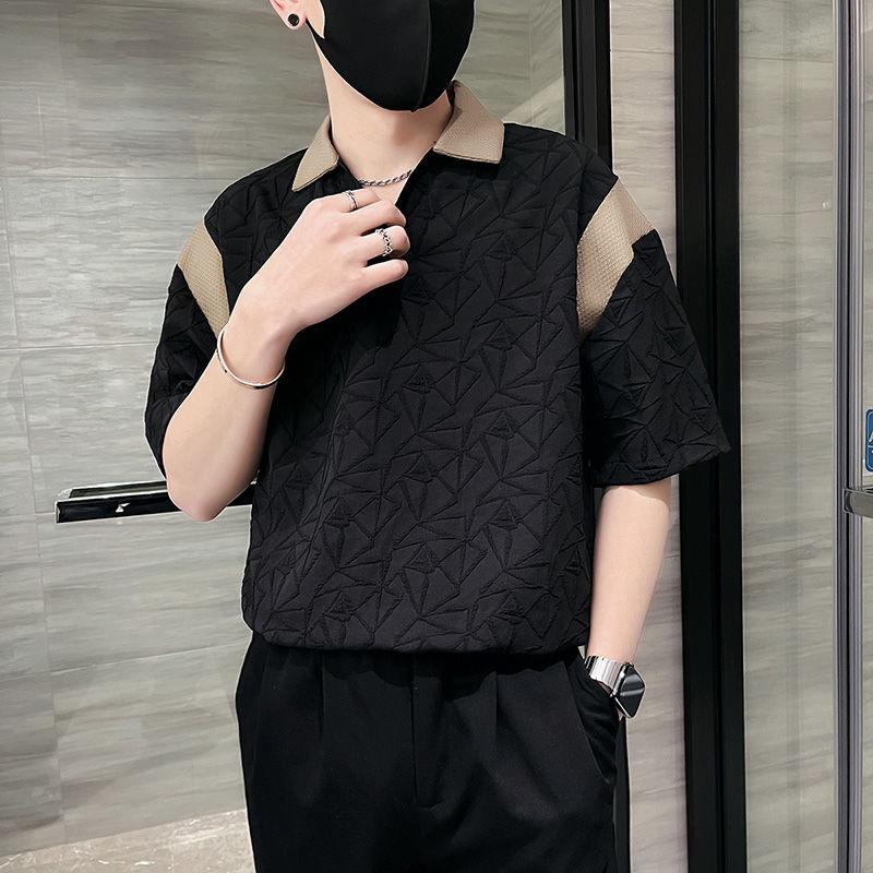 Stylish Contrasting Colors Spliced Shirts Summer Half Sleeve Men's Clothing Polo-Neck Casual Loose Basic Jacquard Weave Shirts