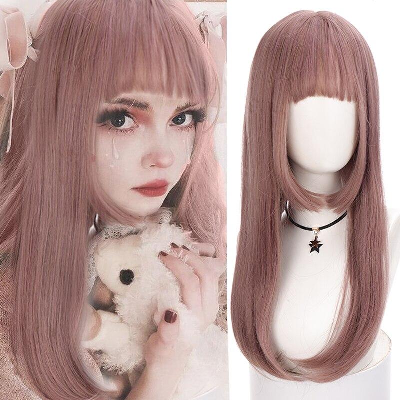 Women's Wig Lolita Synthetic Long Straight Black Brown Fake False Hair Natural Cosplay Wigs With Bangs High Temperture