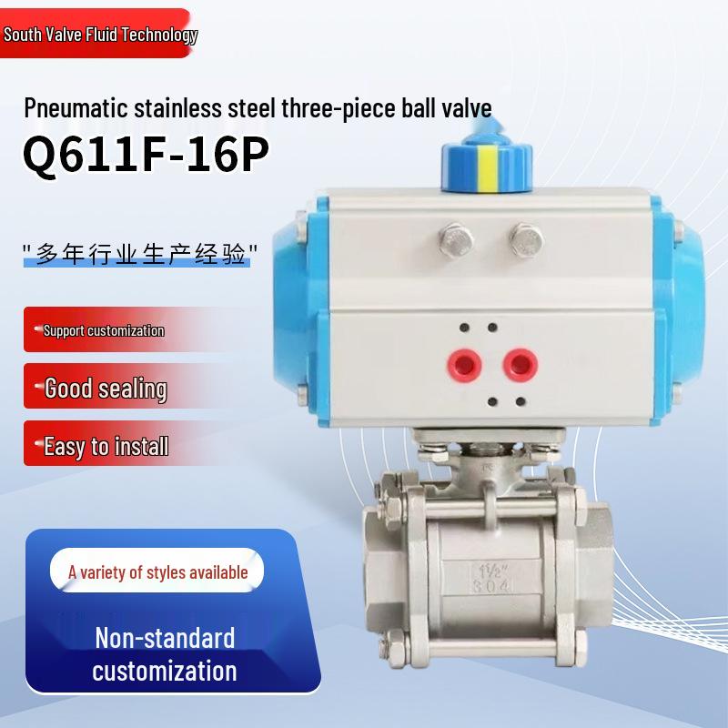 Pneumatic Stainless Steel 3-Piece Female Threaded Ball Valve Q611F-16P, High Platform
