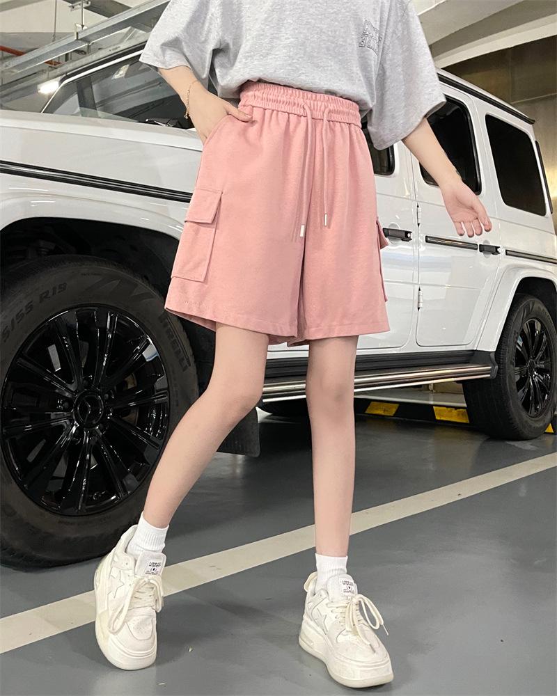 Dámské růžové elastické v pase volného střihu letní sportovní šortky se širokými nohavicemi