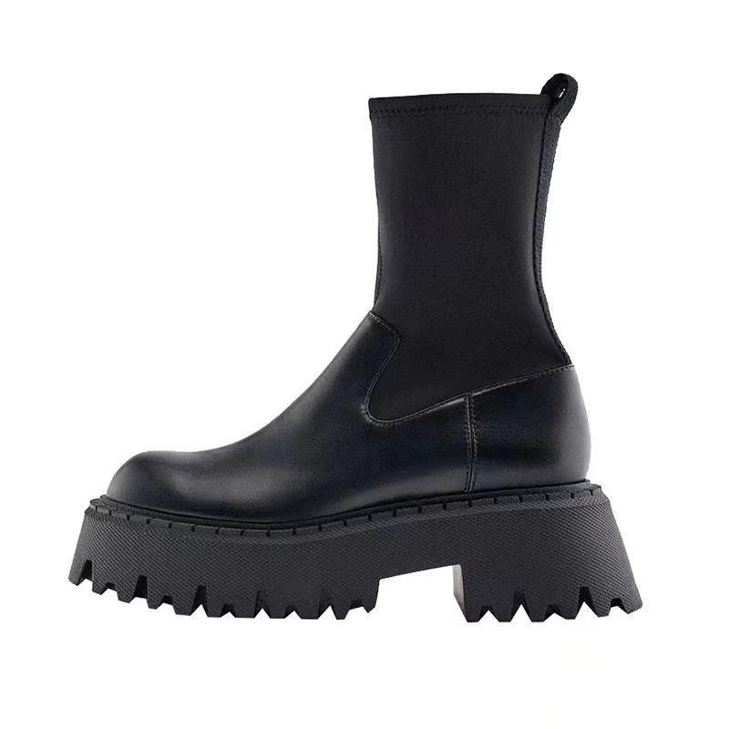 Black Chunky Platform Ankle Boots Elastic Sock Design Round Toe Side Zipper Thick Lug Sole Women'S Edgy Goth Style Footwear