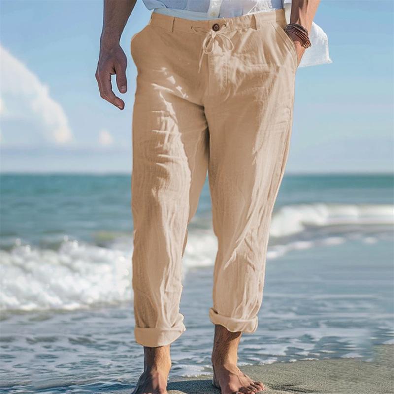 Men's Plain Linen Summer Drawstring Outdoor Casual Beach Trousers