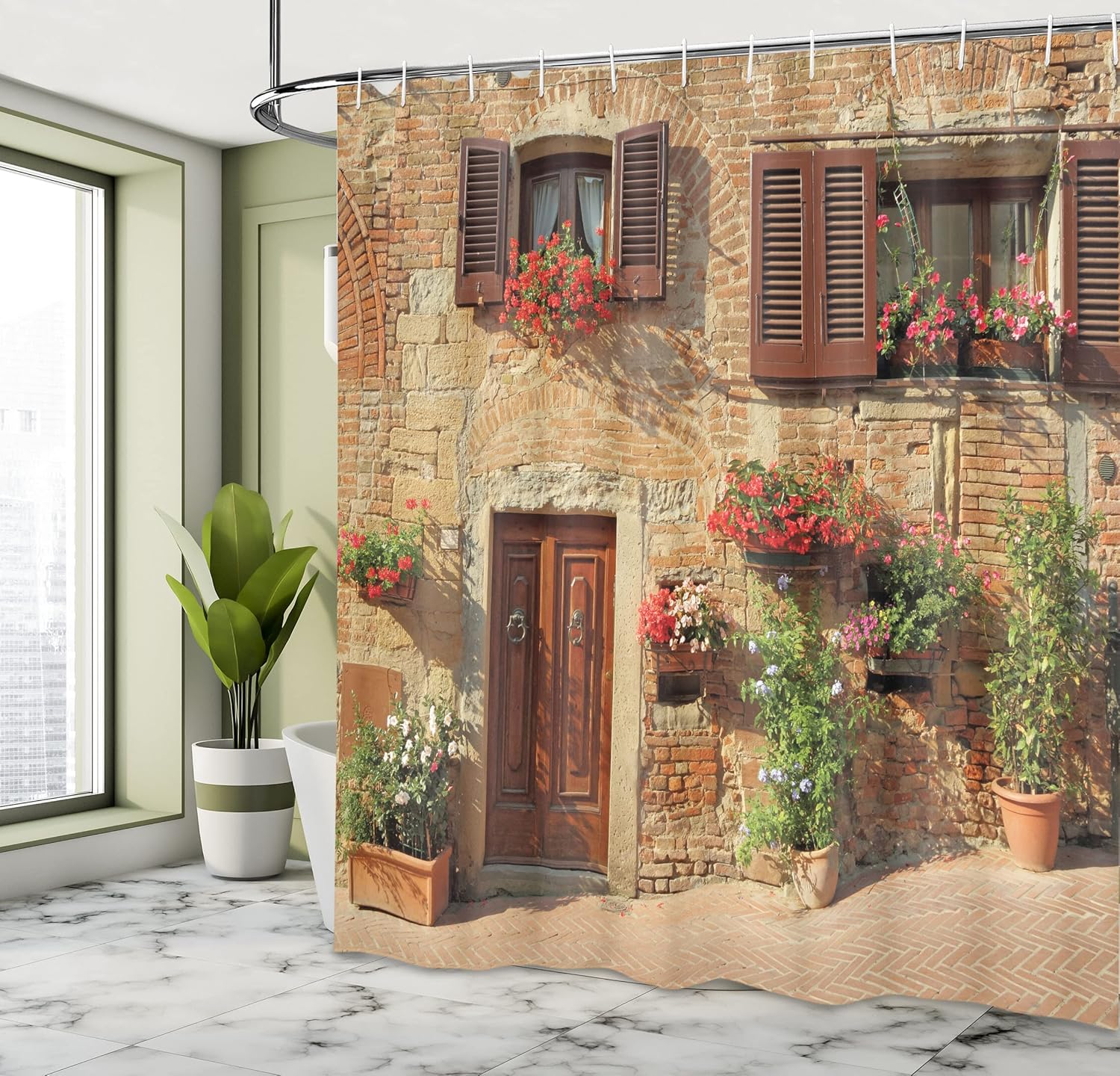 Textile Article Light Tuscan Shower Curtain Mediterranean Stone House Floral Windows Italian Village Charm Rustic Cottage Decor With Hooks