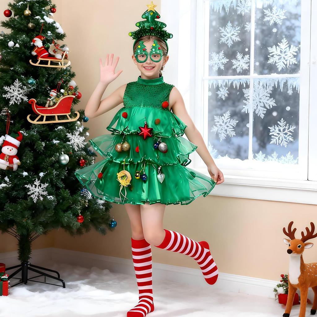 TUAHOUS Christmas Tree Cosplay and Set for Santa Perfect for and Photoshoots Dress, Headband, Socks, Glasses, 4-Piece Girls, Costume, Events, Parties,
