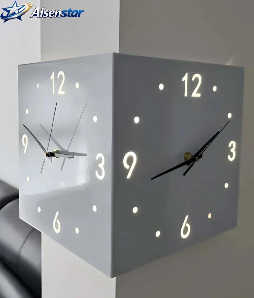 Modern Double Sided Luminous Corner Wall Clock Silent Nordic LED Wall Clock for Living Room Bedroom Home Decor