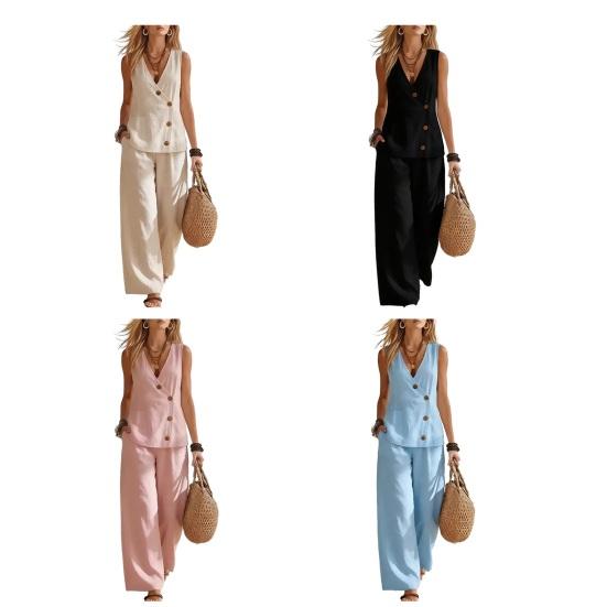 Women's Summer Sleeveless 2 Piece Outfits Button Down Tank Top And Wide Leg Pants Casual Loungewear Matching Sets
