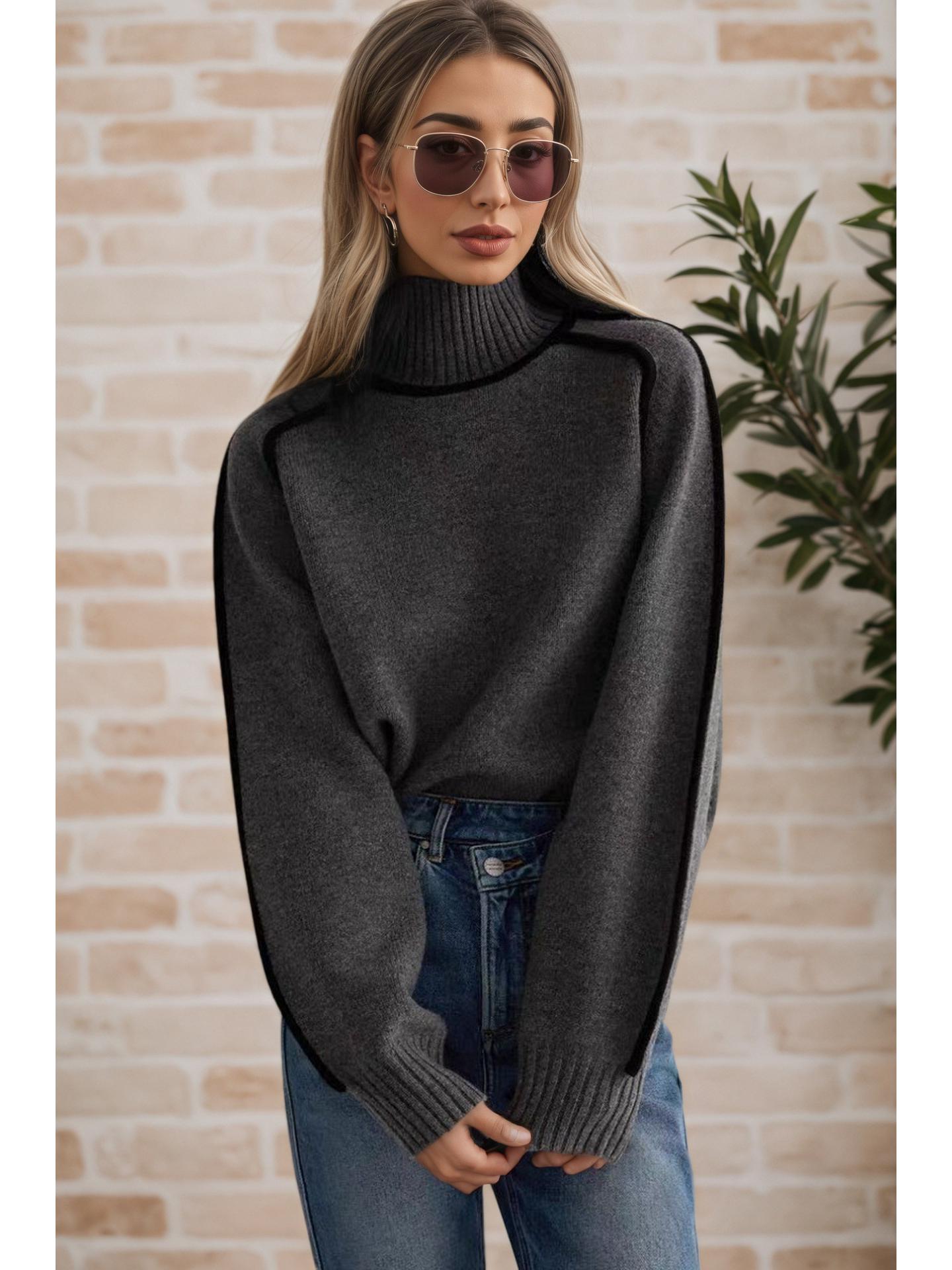 Осенне-зимний полосатый приталенный повседневный свободный вязаный свитер Medium темно-серого