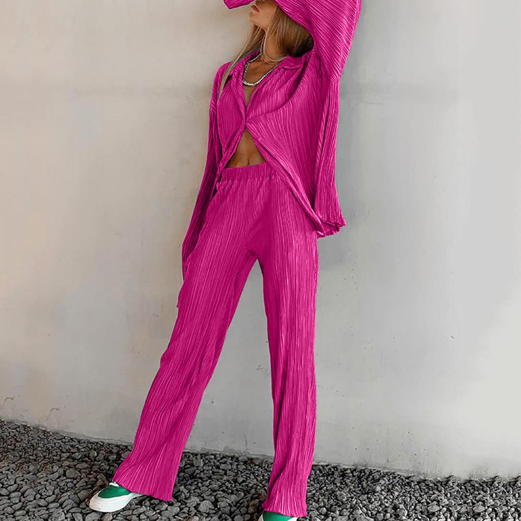 Women's 2 Piece Casual Outfits Long Sleeve Button Down Shirt High Waist Long Pants Loungewear Streetwear