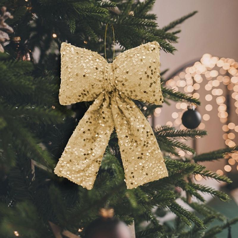 Fabric Christmas Bowknot Hanging Decoration With Shimmering Plaids Design For Christmas Party Home Holiday Accent