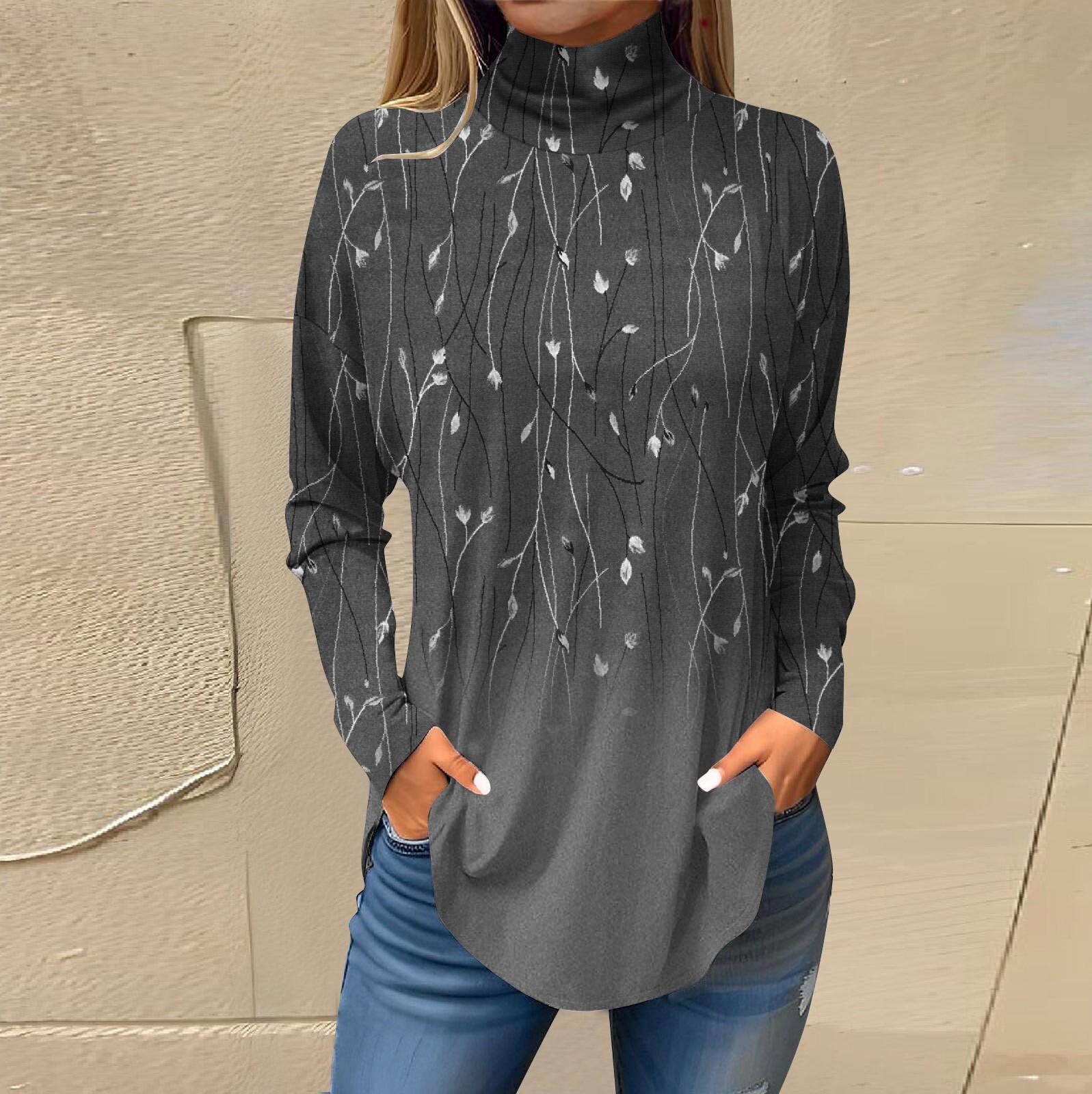 

Футболки для женщин, осенние повседневные рубашки с длинными рукавами, толстовка с винтажным принтом, топ с высоким воротом, пуловер XL серый