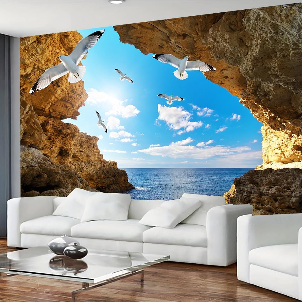 Sea Cave Tapestry Wall Hanging Blue Ocean Sea Scenic Tapestries Seagull Nature Landscape Beach Island Large Wall Tapestry for
