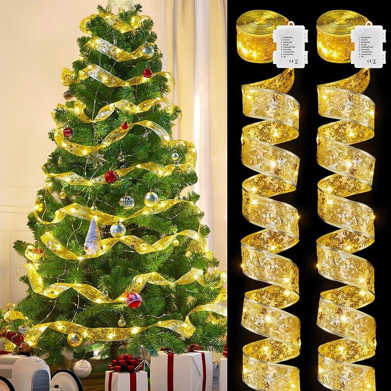 Minetom Christmas Tree Ribbon String Lights - 33ft 100 LED Battery Powered Fairy Lights with Timer and 8 Lighting Modes, Christmas Ribbon Bows Lights 1 Pack