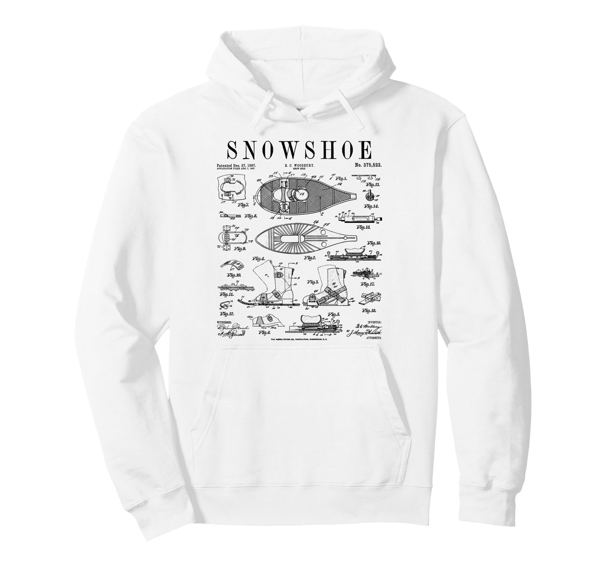Snowshoe winter hiking vintage patent print hoodie