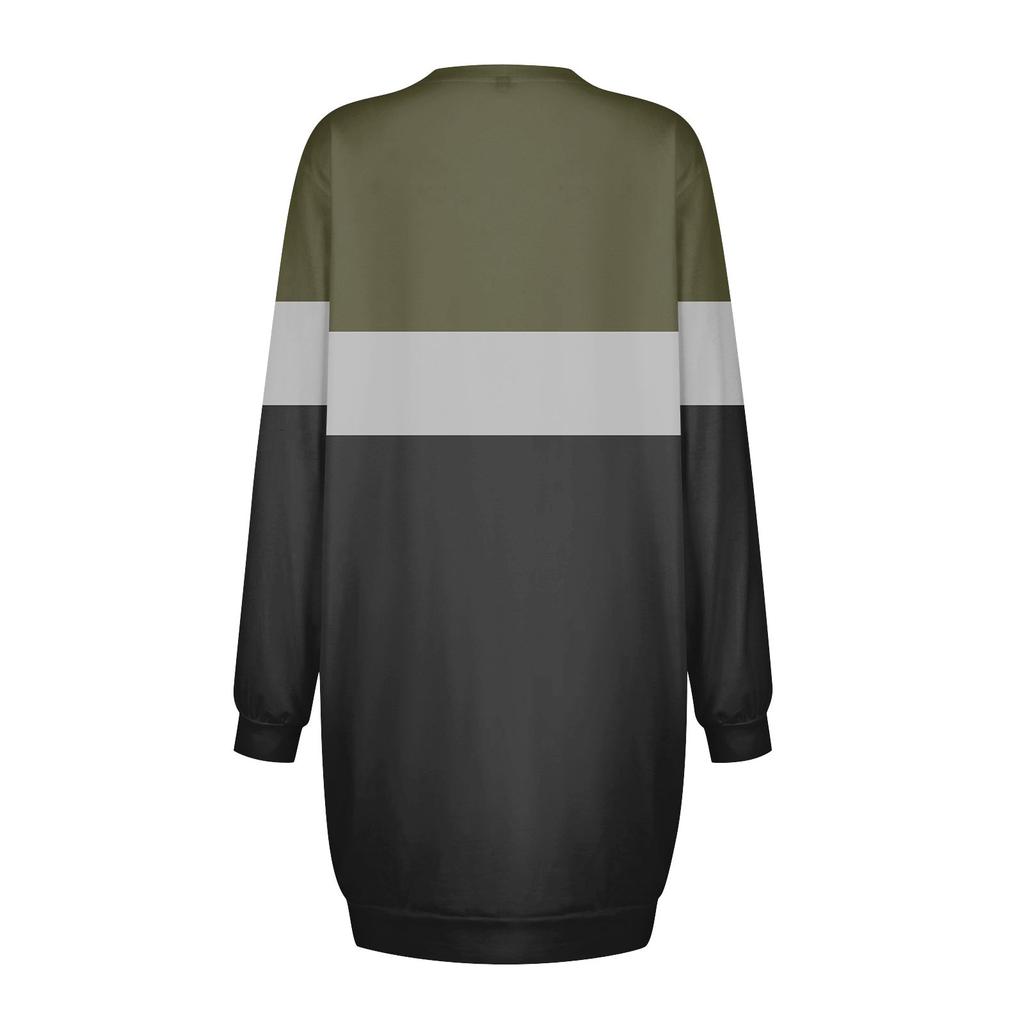 Vestido tipo sudadera de manga larga con cuello redondo, estampado de patchwork y rayas para mujer