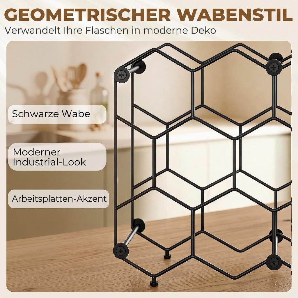 Wine Rack for 13 Bottles Bottle Rack with Honeycomb Design Adjustable Feet Anti-Tip Protection Metal 43 X 15.5 X 31 Cm Black