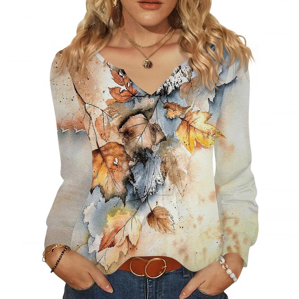 Women's Fashionable Casual V-neck Blouse Button Long-sleeved Pullover T-shirt Top